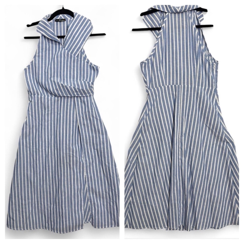 Emery Rose Blue White Stripe Halter Midi Dress Nautical Summer Coastal Sz S